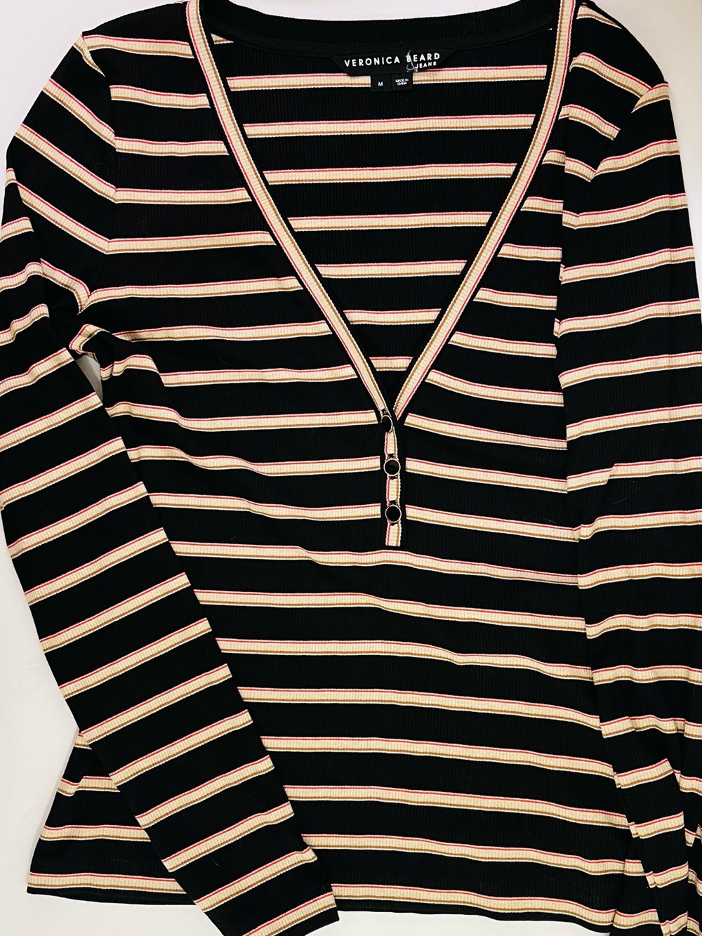 Veronica Beard Shailee Striped V-Neck Henley Top